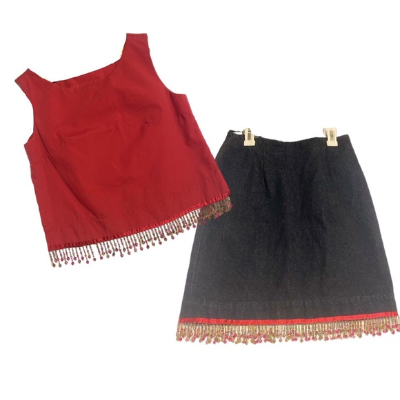 Beaded Fringe Set Festive Red Cut-off Shirt Sleeveless Blue Mini Skirt Denim  Sm - Picture 1 of 15